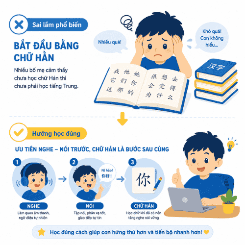cho trẻ học chữ Hán ngay từ đầu khiến trẻ thấy khó và dễ nản