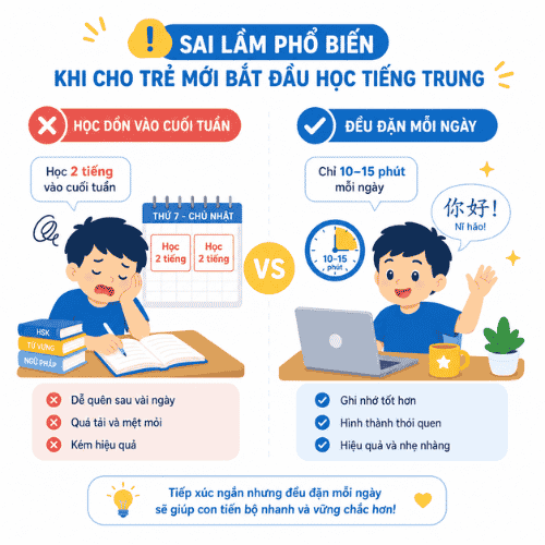 khi mới học tiếng Trung, việc học dồn khiến trẻ nhanh chán và cảm thấy áp lực khi học
