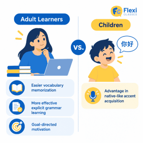 Comparison showing adult learners have advantages in vocabulary memorization, explicit grammar learning, and goal-directed motivation, while children have an advantage in native-like accent acquisition