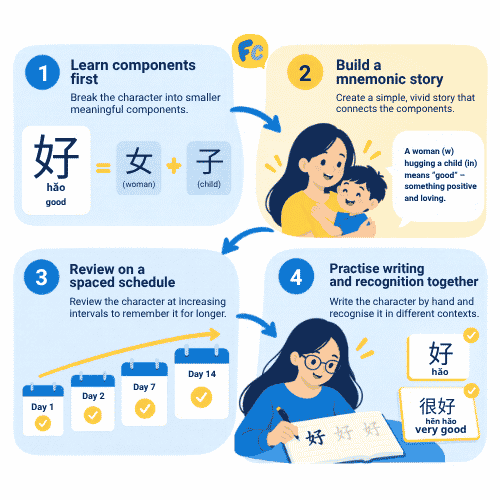 showing a spaced repetition review schedule for Chinese characters: soon after learning, then a few days later, then a week later, with intervals increasing after each successful recall