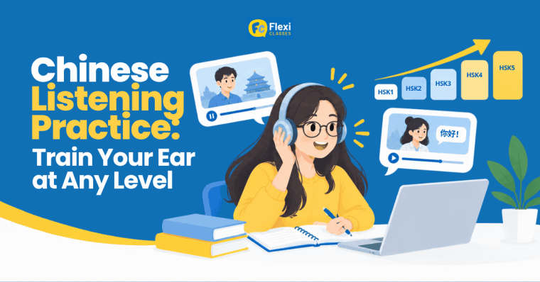 Mandarin Chinese learner training listening comprehension with headphones alongside