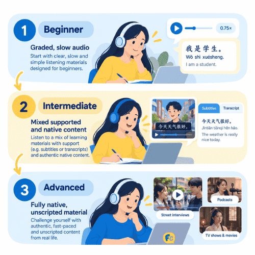 three levels of Chinese listening practice progression: beginner with graded slow audio, intermediate with mixed supported and native content, advanced with fully native unscripted materia