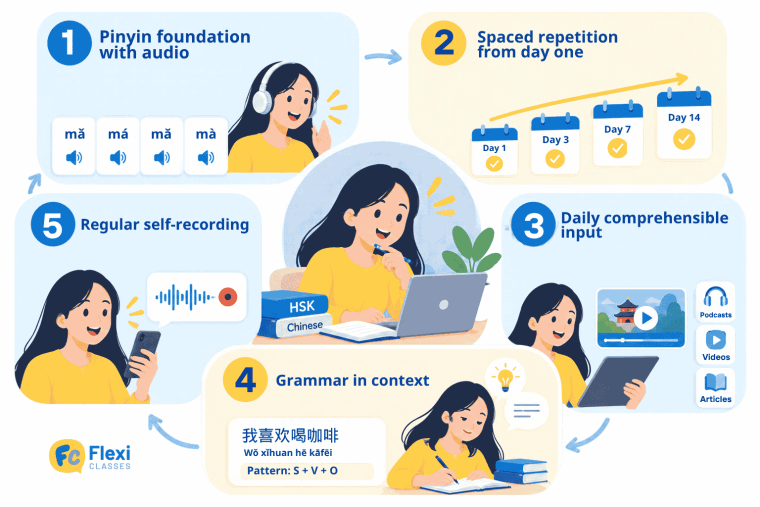 Five-step self-study method for Chinese: Pinyin foundation with audio, spaced repetition from day one, daily comprehensible input, grammar in context, and regular self-recording