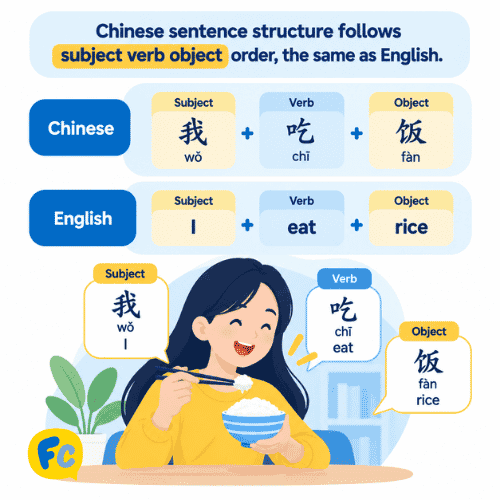 Chinese sentence structure follows subject verb object order, the same as English, using the example wo chi fan meaning I eat rice