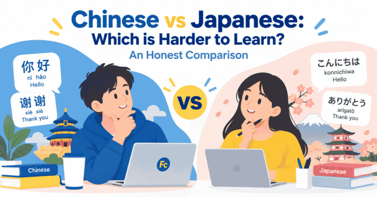 Comparison of Mandarin Chinese and Japanese language learning difficulty showing writing systems, tones and grammar differences