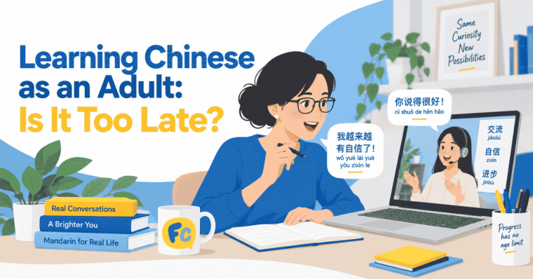 Adult learner studying Mandarin Chinese in a live online class with a native Flexi Classes teacher
