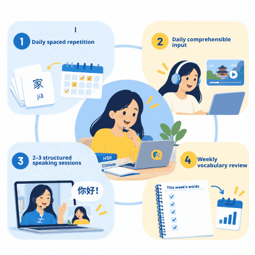 Weekly Mandarin study framework showing daily spaced repetition, daily comprehensible input, 2 to 3 structured speaking sessions, and weekly vocabulary review
