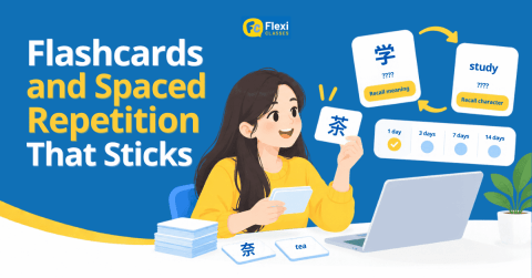 Mandarin Chinese learner reviewing flashcards with spaced repetition