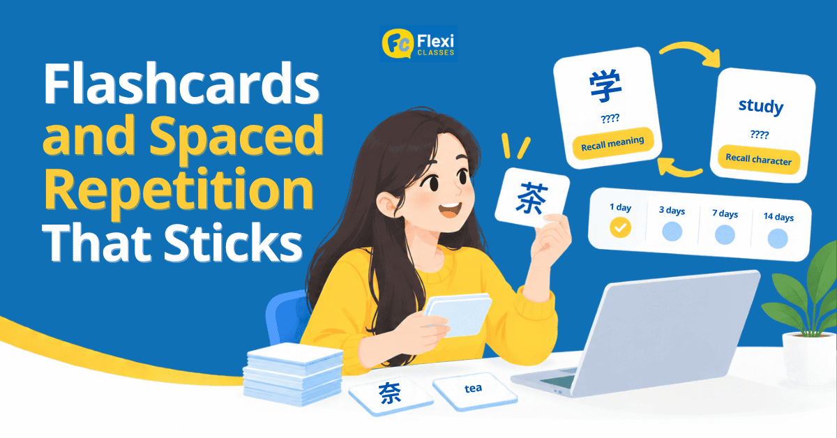 Mandarin Chinese learner reviewing flashcards with spaced repetition