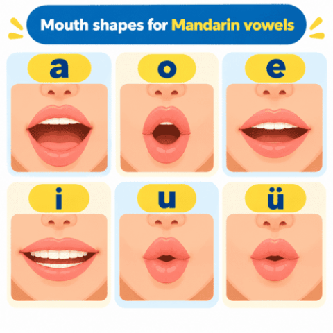 Mouth shapes for the six Mandarin simple vowels a o e i u and ü, showing spread and rounded lips