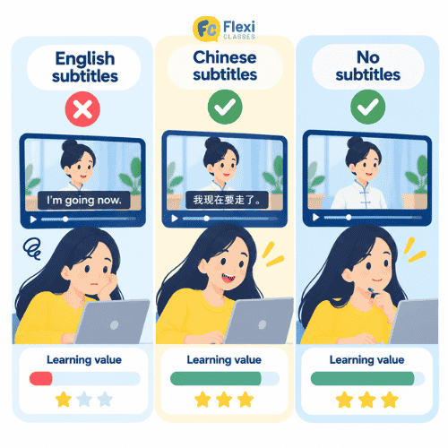 Comparison showing English subtitles produce minimal Mandarin learning value while Chinese subtitles and no subtitles produce high learning value