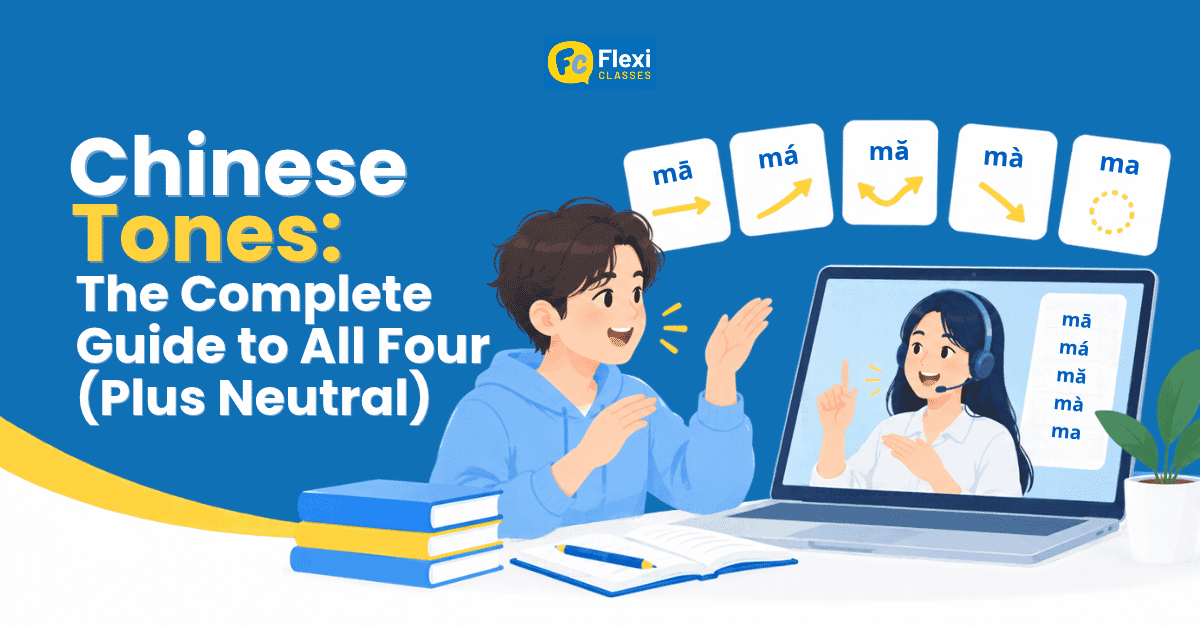 Learner practising Mandarin tones with hand gestures in a live class with a native Flexi Classes teacher