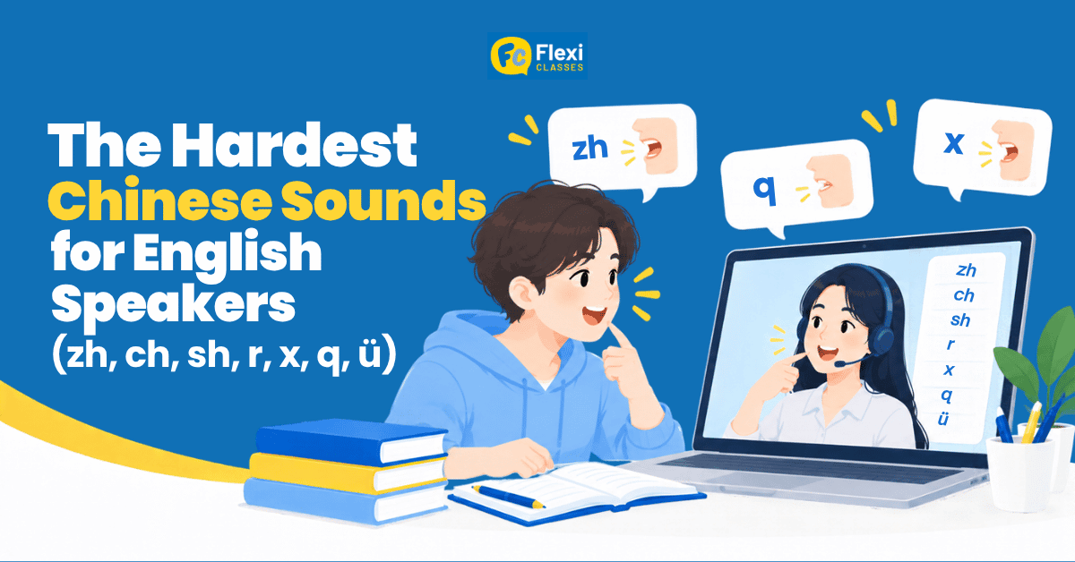 Learner practising Mandarin x, q and zh sounds with a native Flexi Classes teacher in a live class