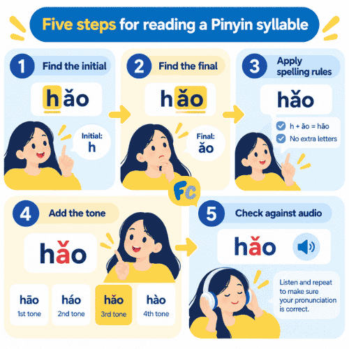 Five steps for reading a Pinyin syllable: find the initial, find the final, apply spelling rules, add the tone, check against audio