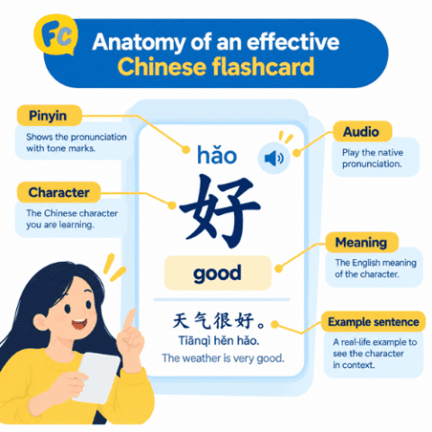 Anatomy of an effective Chinese flashcard showing character, pinyin with tone marks, audio icon, English meaning, and example sentence
