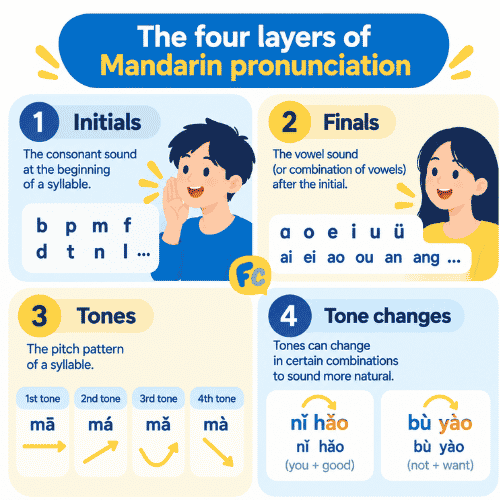 Diagram of the four layers of Mandarin pronunciation: initials, finals, tones, and tone changes