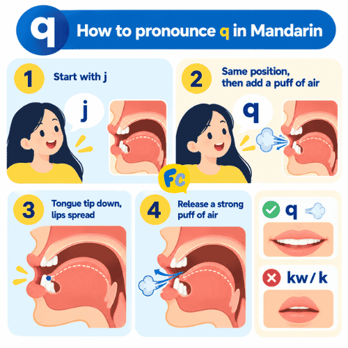 ide-view diagram of the tongue for Mandarin q, with the tip resting behind the lower teeth and lips spread