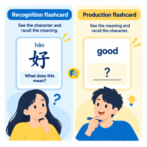 Comparison of a recognition flashcard showing the character hao and asking for meaning versus a production flashcard showing good and asking to recall the character hao