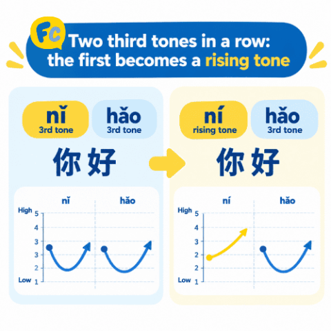 Pitch contour of nǐ hǎo showing the first third tone rising as ní and the second staying low l
