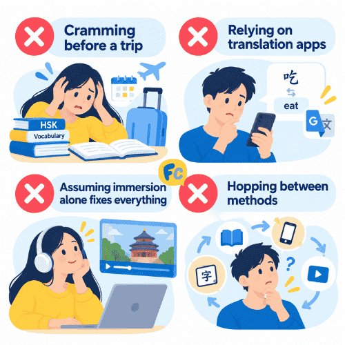 List of things that do not speed up learning Chinese: cramming before a trip, relying on translation apps, assuming immersion alone fixes everything, hopping between methods