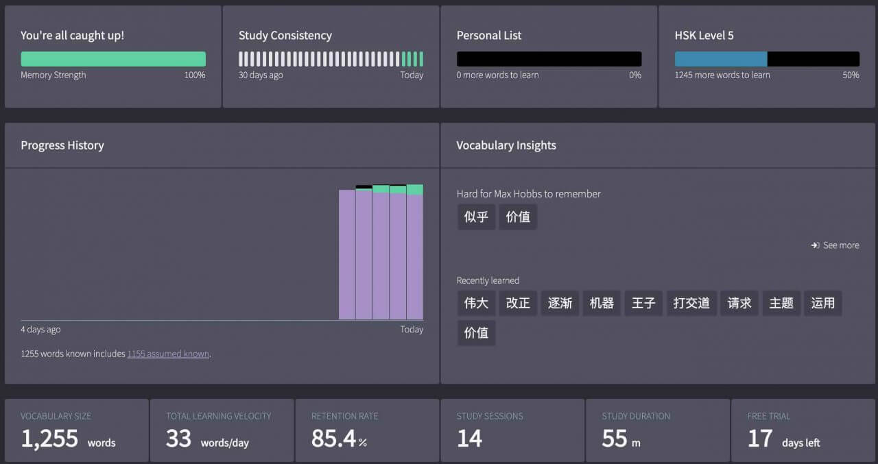 Hack Chinese - Main Dashboard