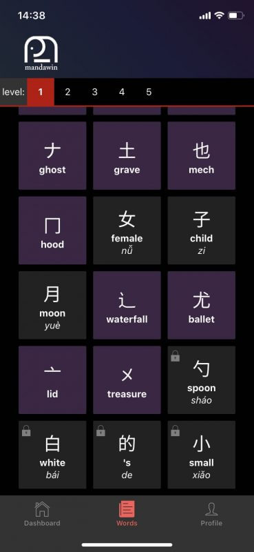 Mandawin - List of Words per Level
