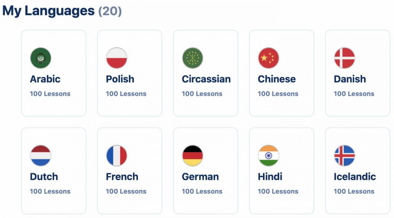 OptiLingo - 10 of the 20 languages available
